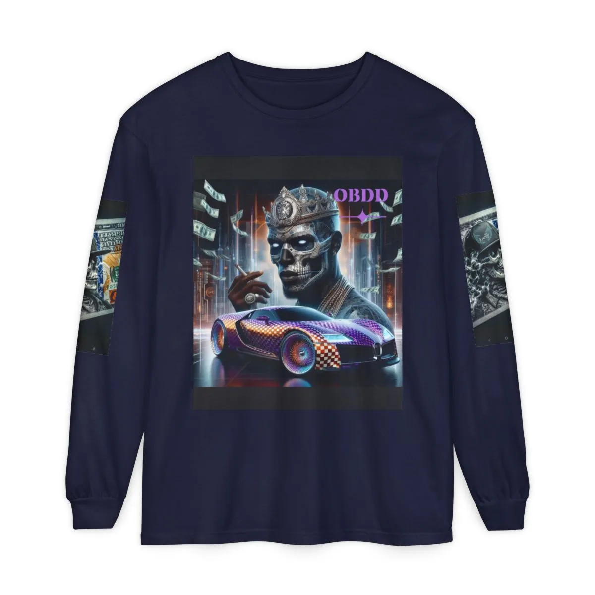 Skull Driver Long Sleeve T-Shirt — Retro VW Van & Cyber Skull Graphic