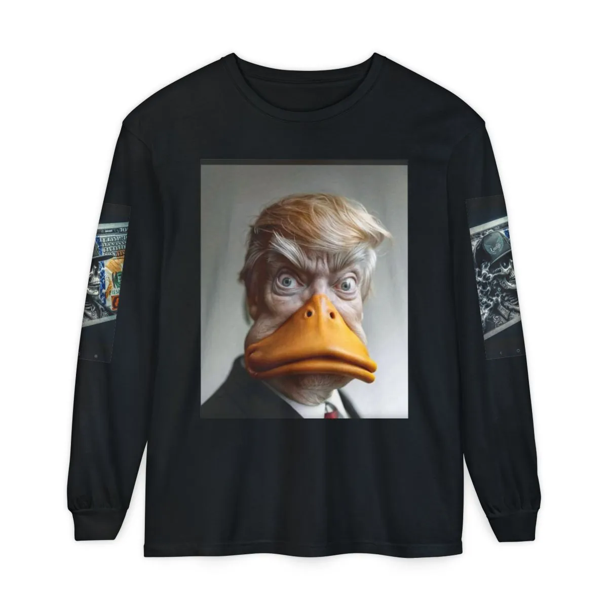 Graphic Long Sleeve Tee — Satirical Duck-Head Portrait & Smoker Emoji Design