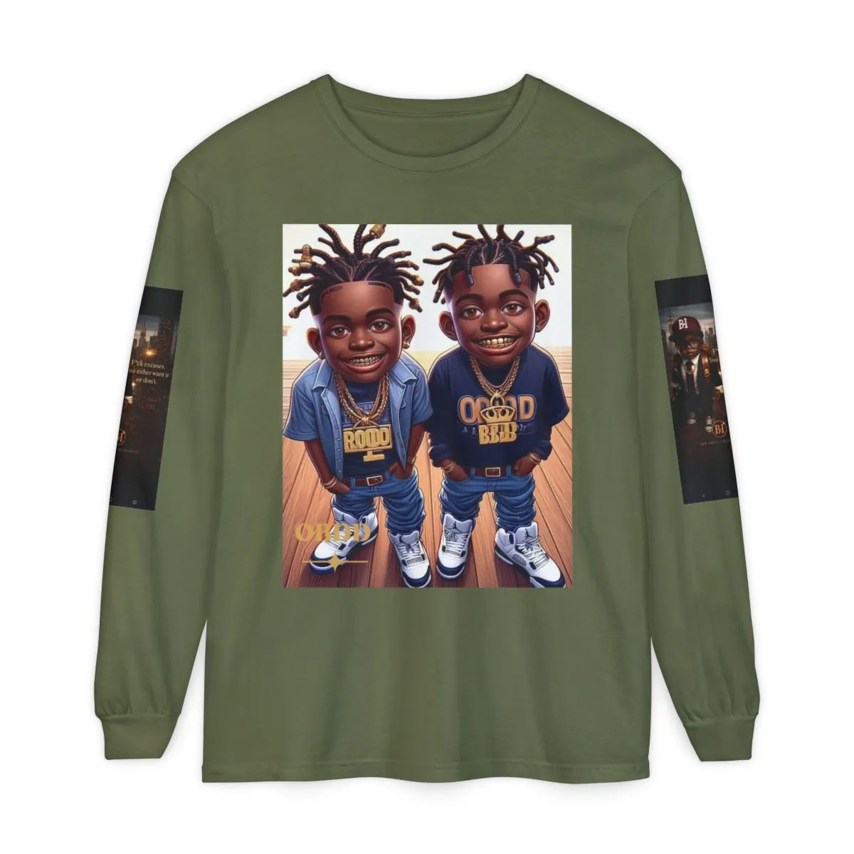 Rap Album Art Long Sleeve Tee — Cartoon Duo & Artist Portrait