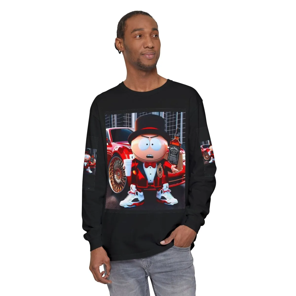 Long Sleeve Tee — Cartoon Hustler Character with Red Sports Car Print
