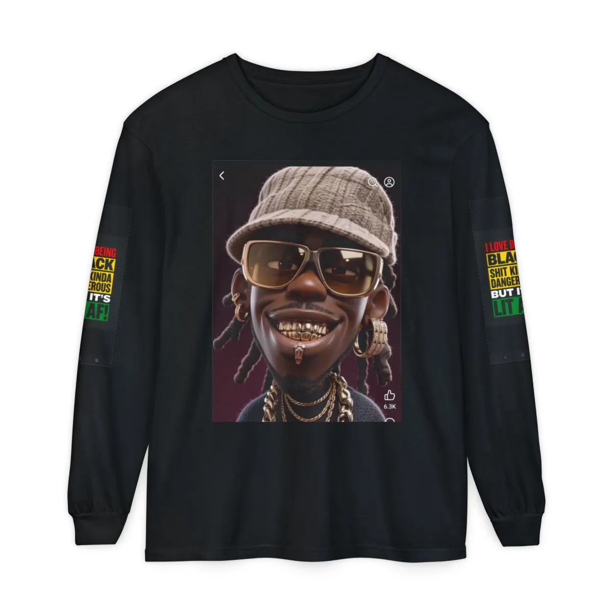 Graphic Long Sleeve T-Shirt — Hip-Hop Portraits with Sleeve Slogan