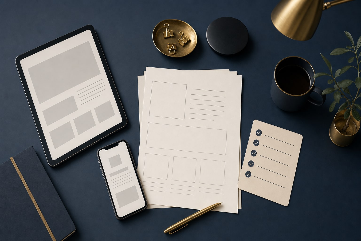 Small business website planning checklist with phone, tablet, and page outline