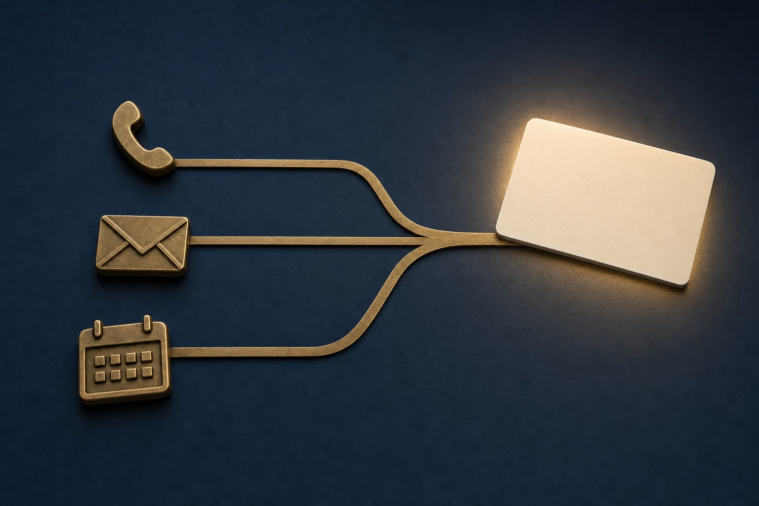 Brass paths from phone, email, and calendar icons to one destination