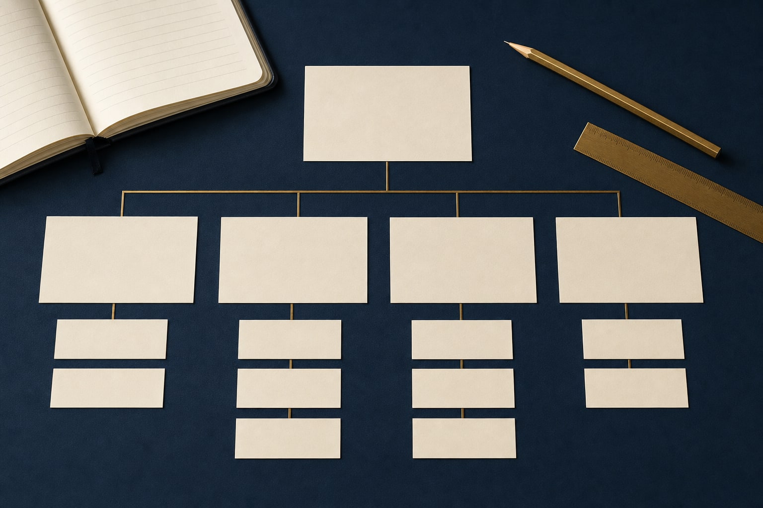 Blank website content map arranged on a midnight blue desk