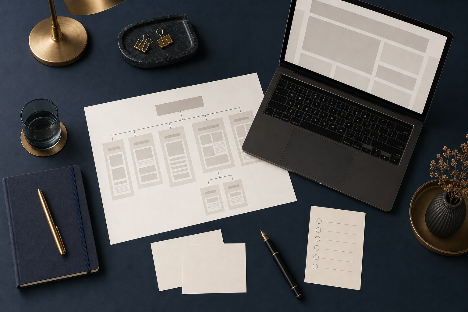Website planning materials arranged on a midnight blue desk