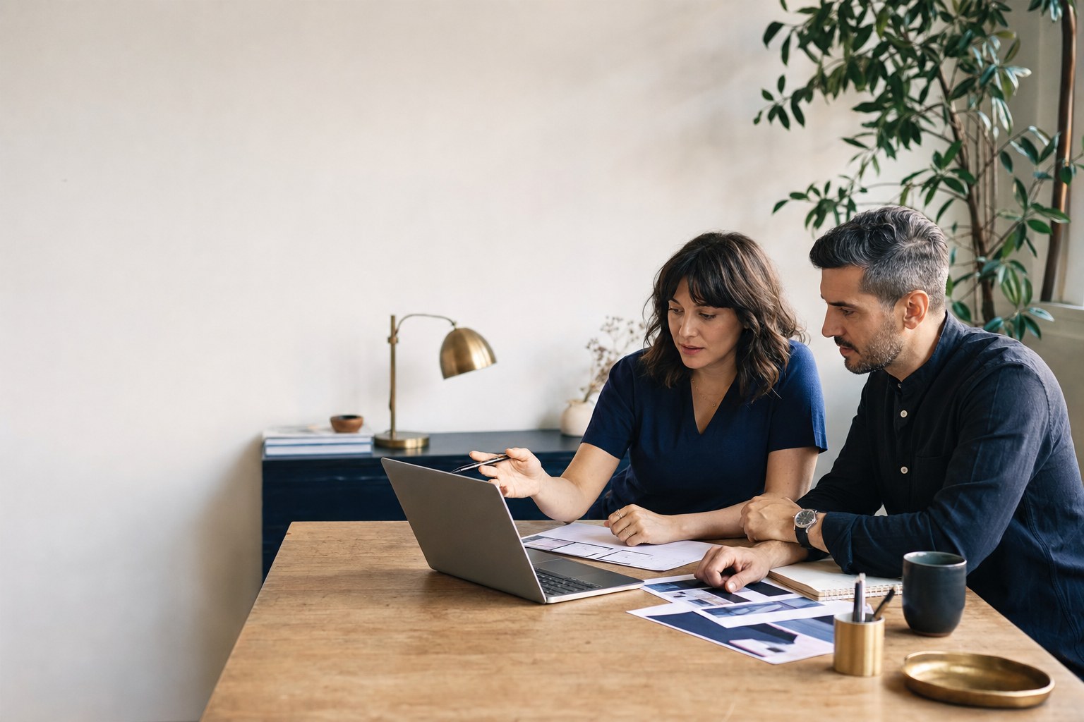 A business owner and web designer reviewing a website plan together