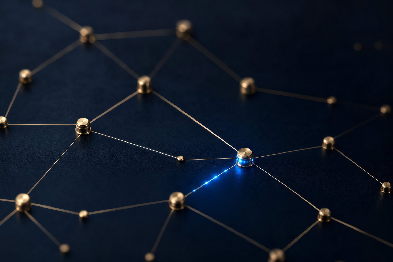 Gold signal nodes connected across a midnight blue surface