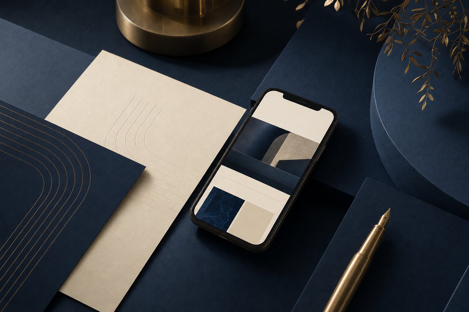 Brand materials, mobile website screen, and brass pen on a midnight blue surface