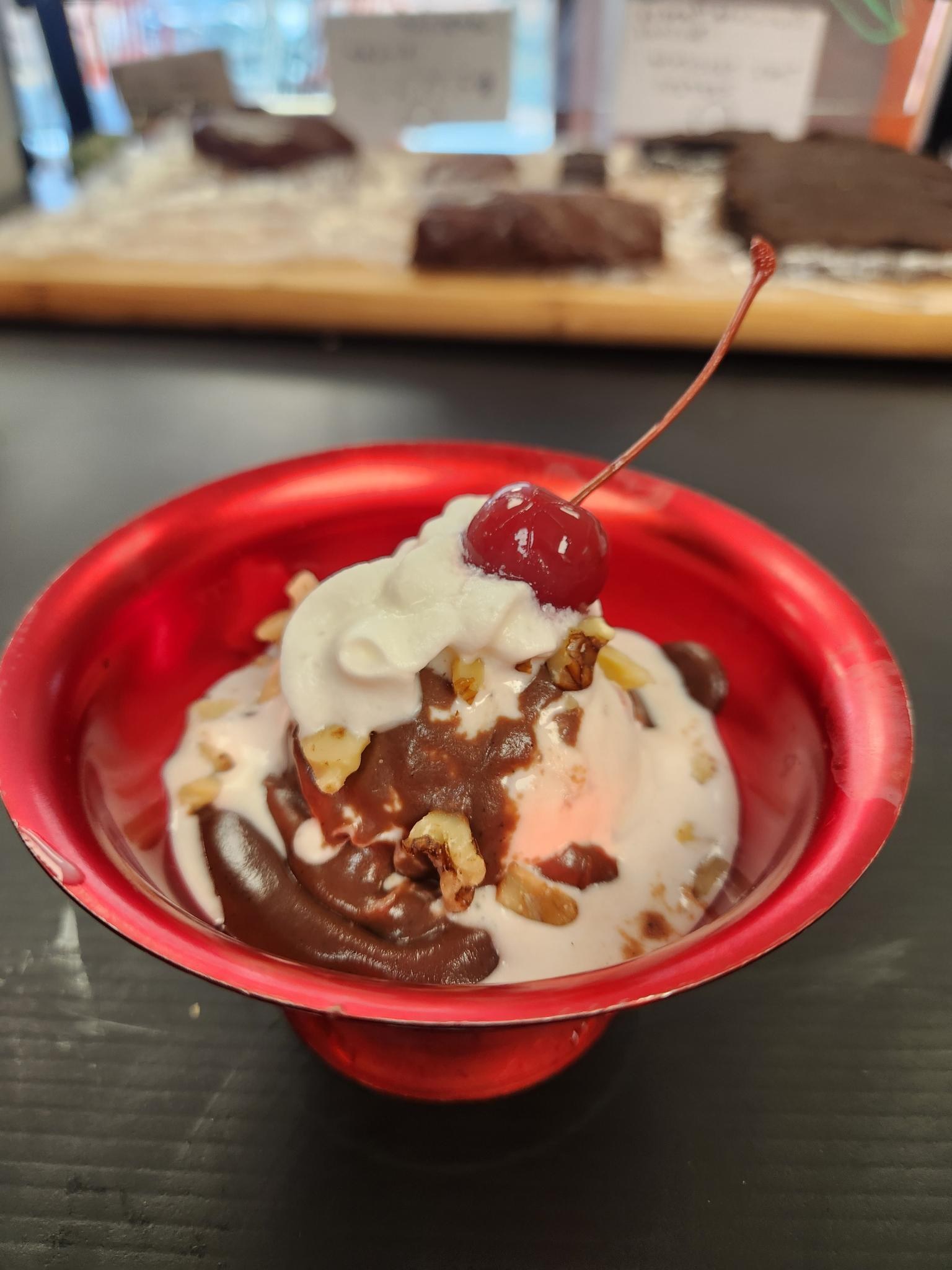 Hot fudge sundae with whipped cream and a cherry