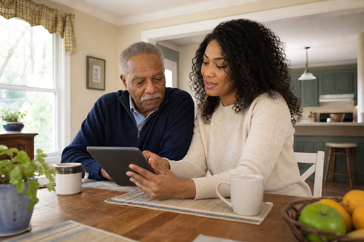 Photographic illustration: Older man and a woman reviewing a tablet at a kitchen table.