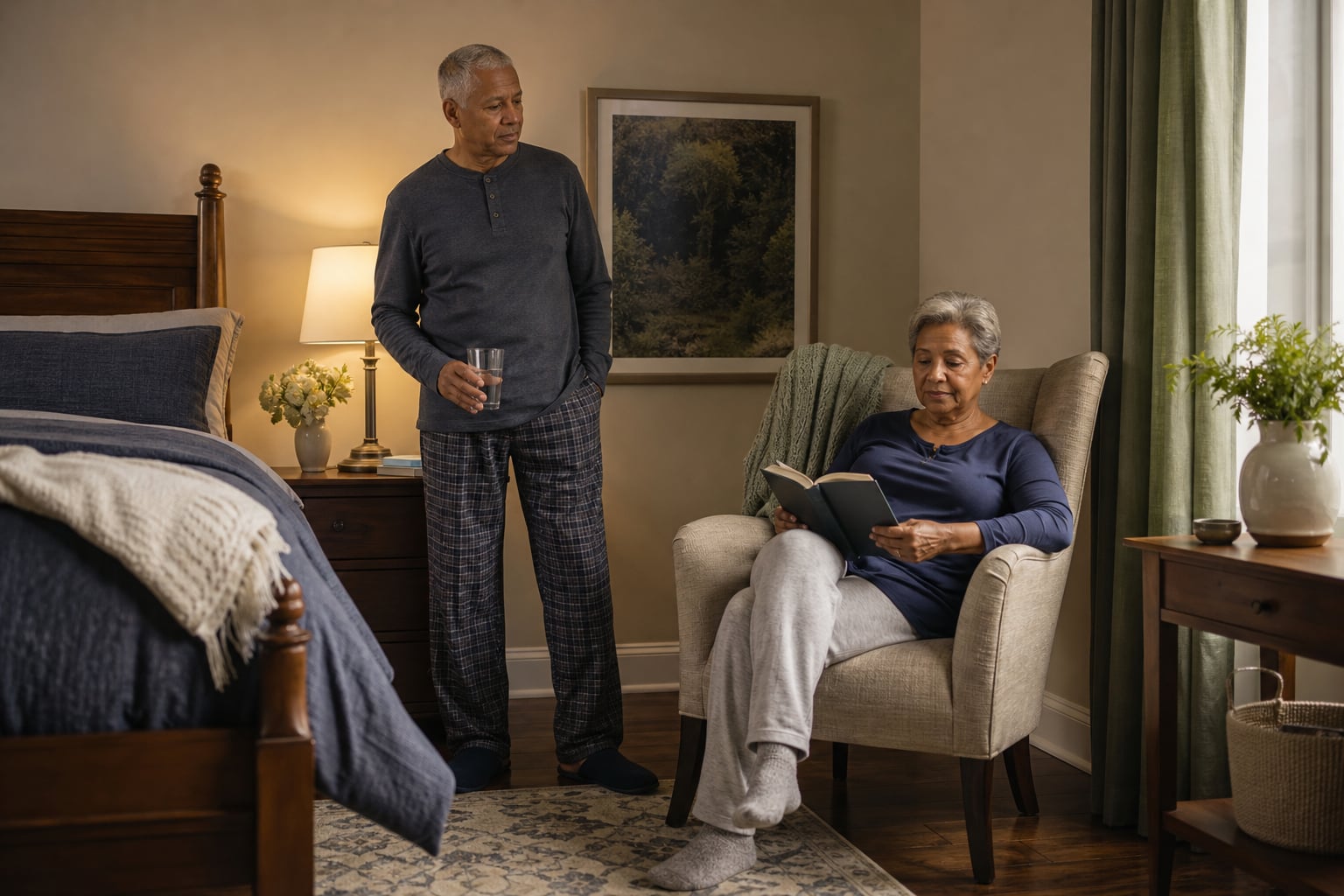 Photographic illustration: Older couple spending a quiet evening near a bed and reading chair.
