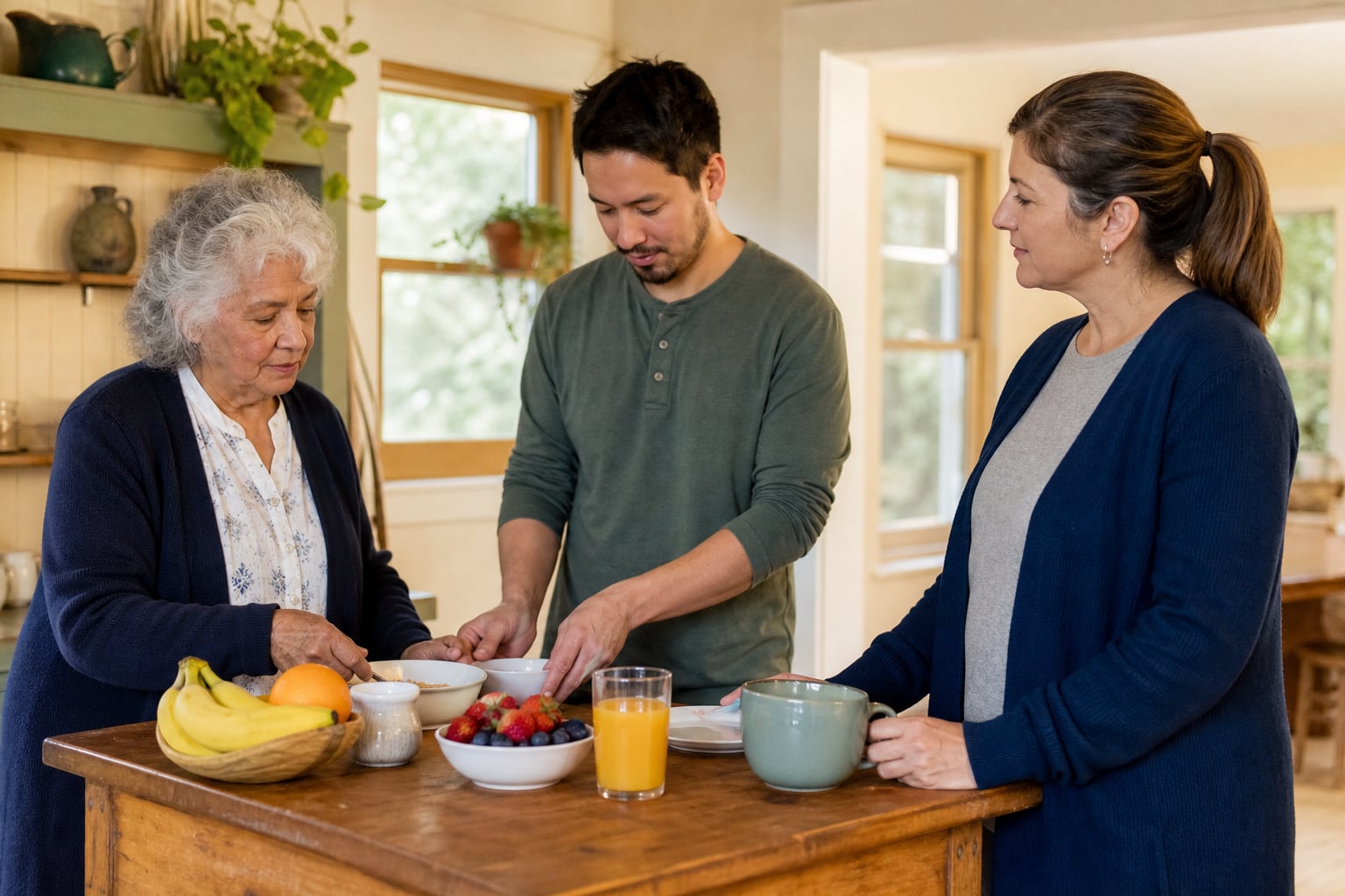 Photographic illustration: Older woman preparing breakfast with two adults in a sunny kitchen.