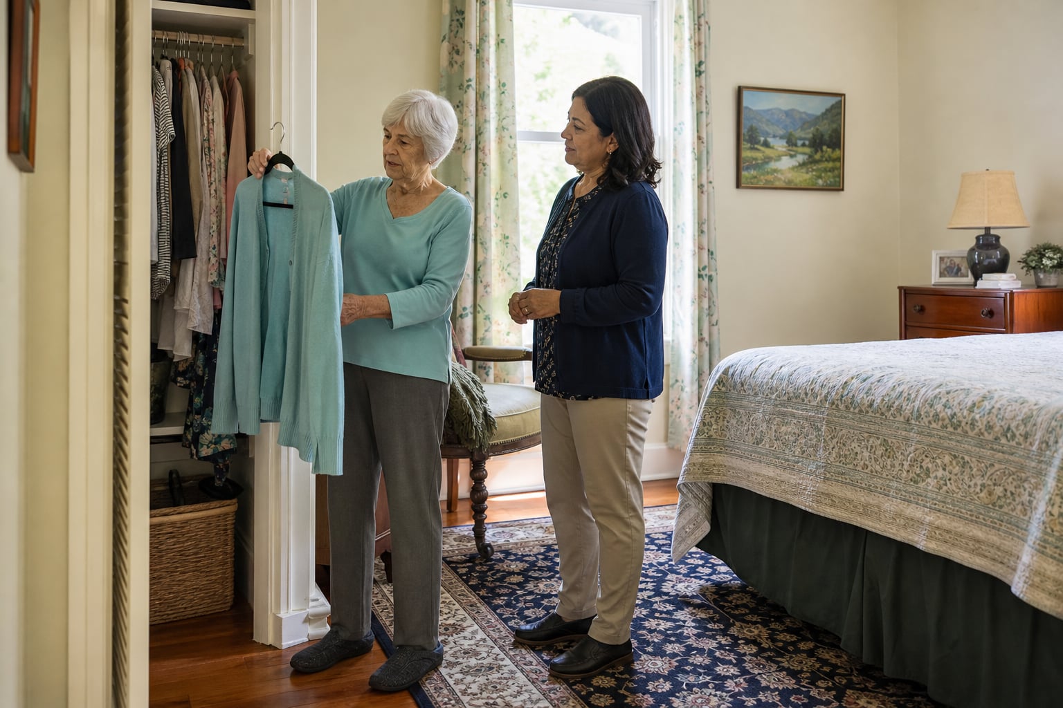 Photographic illustration: Older woman choosing a cardigan with another woman nearby.