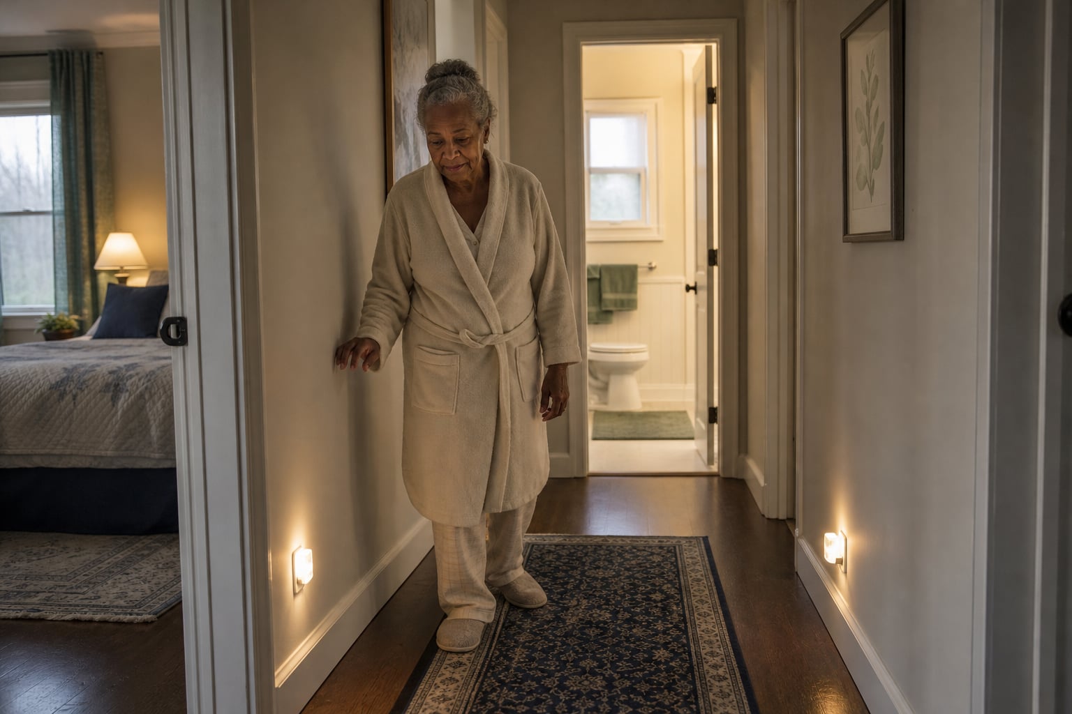 Photographic illustration: Older woman approaching a lighted bathroom through a hallway.