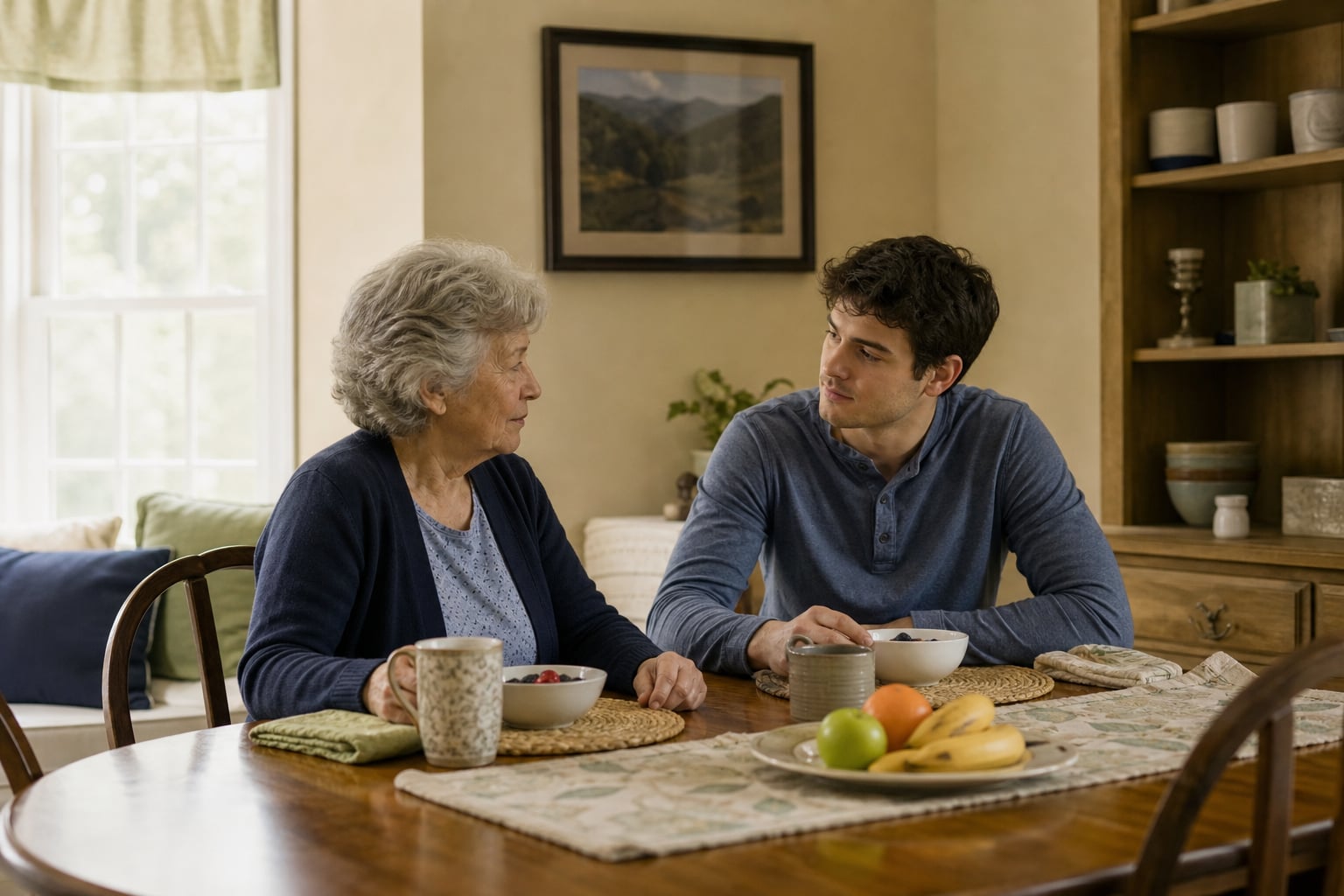 Photographic illustration: Older woman and a younger man talking over breakfast.