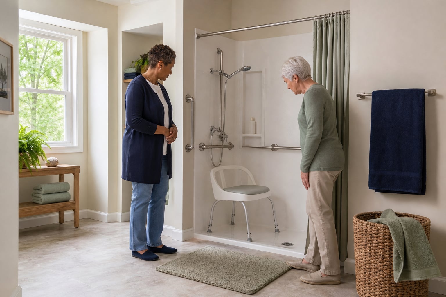 Photographic illustration: Two women reviewing a shower with a seat and grab bars.