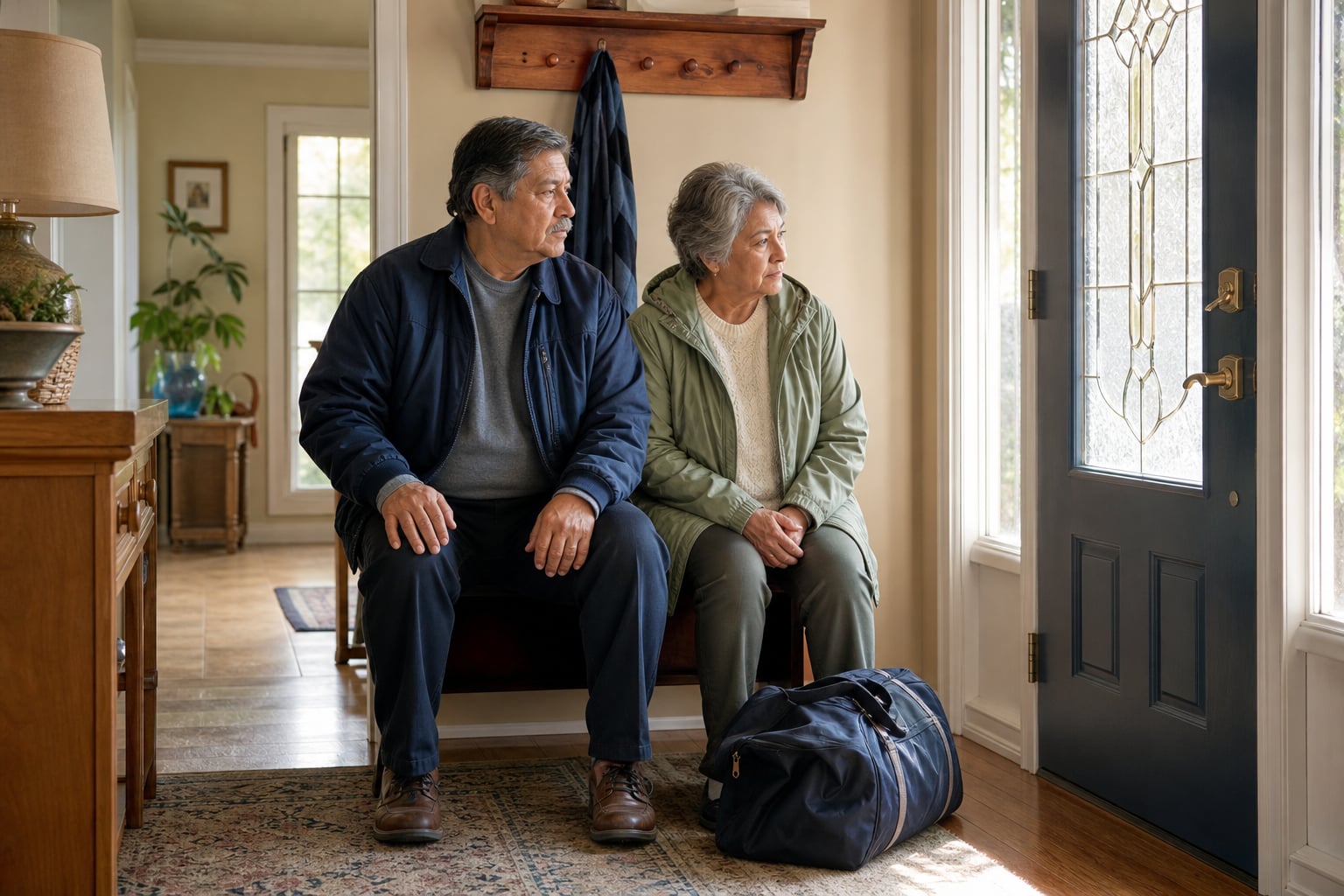 Photographic illustration: Older couple waiting by the front door beside a travel bag.