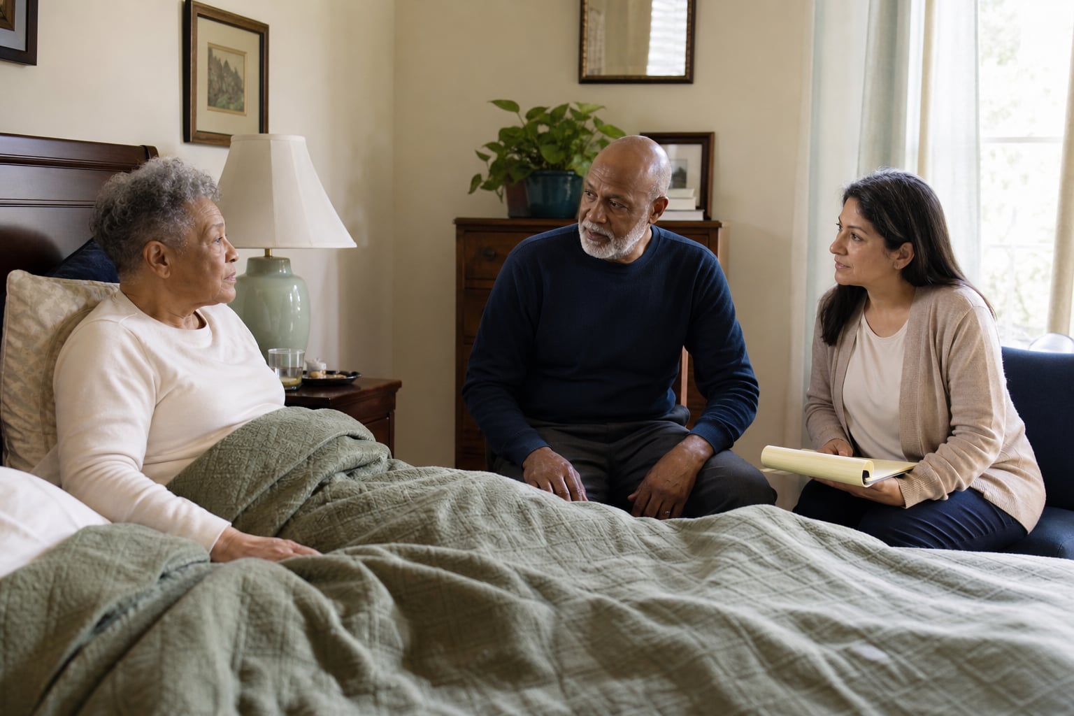 Photographic illustration: Older couple discussing morning help with a visitor beside a bed.