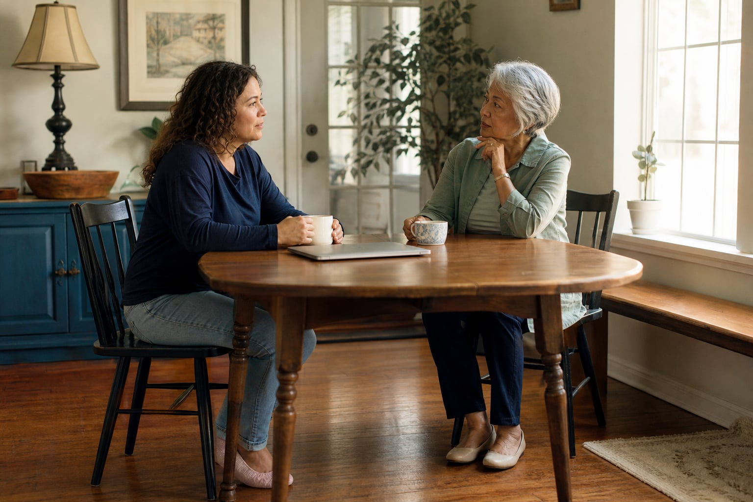 Photographic illustration: Two women discussing care over tea at a dining table.