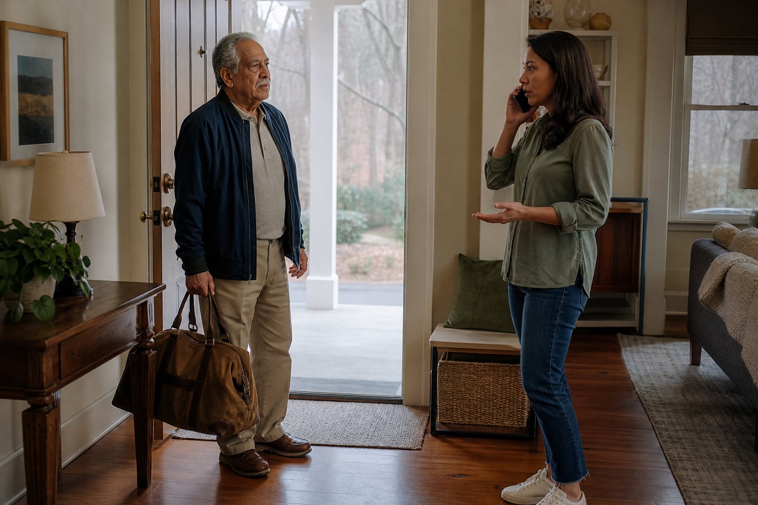 Photographic illustration: Older man arriving home while a woman makes a phone call.