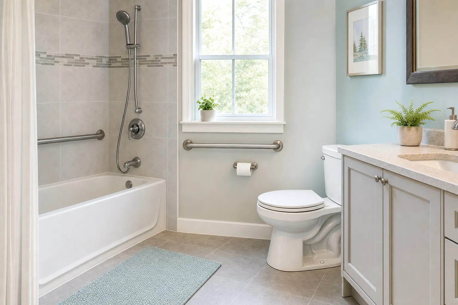 Bathroom prepared with clear floor space and safety supports