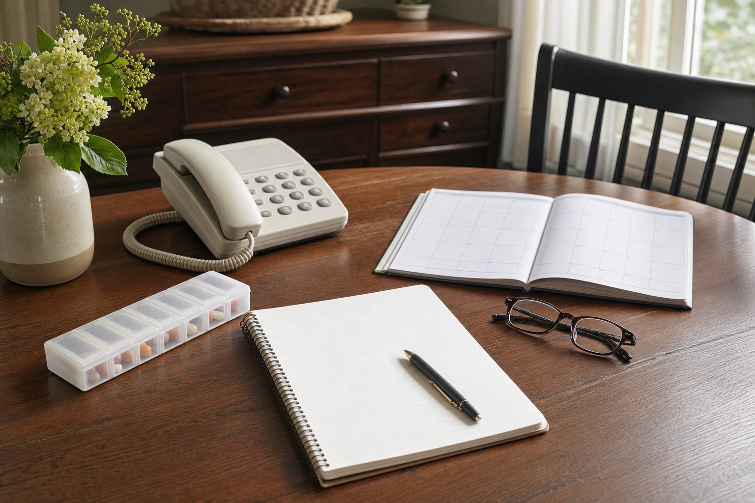 Home table arranged with a blank calendar, notebook, pill organizer, phone, and reading glasses