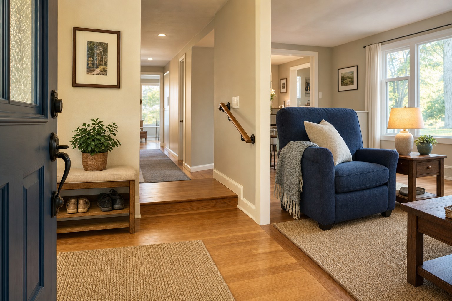 Clear, well-lit home entry and living room prepared for safe movement at home