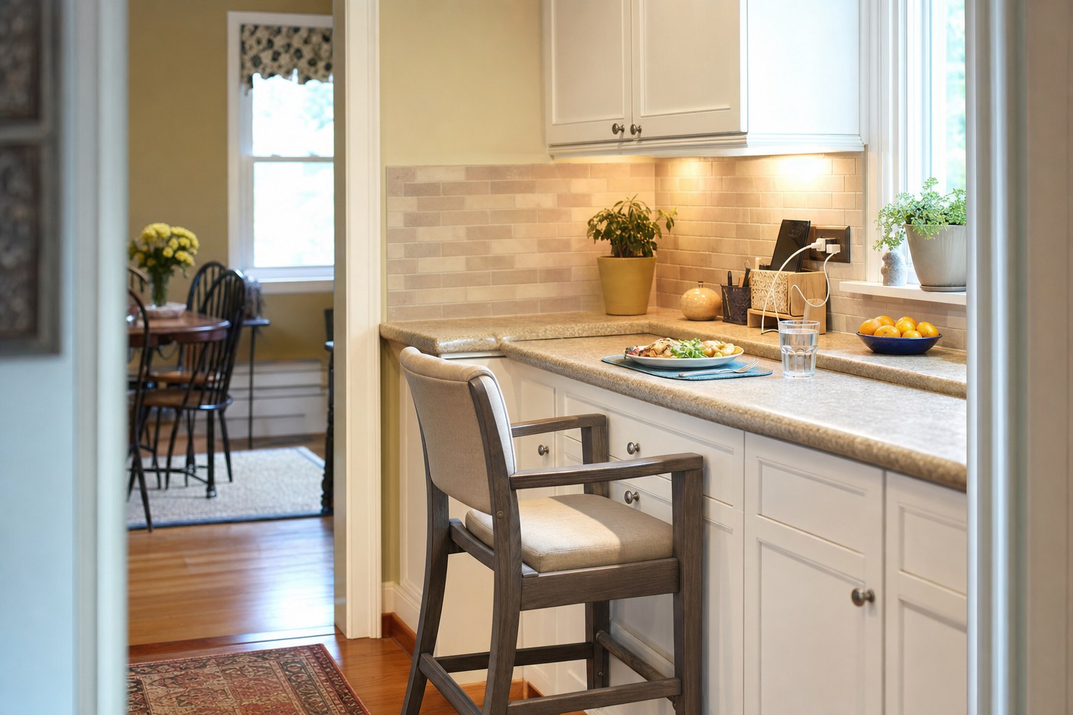 Accessible home kitchen with a sturdy chair, prepared meal, water glass, and clear counter
