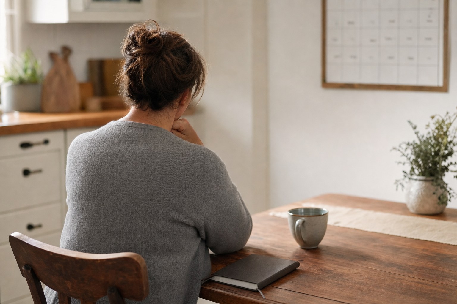 Family caregiver pausing at a kitchen table with a notebook
