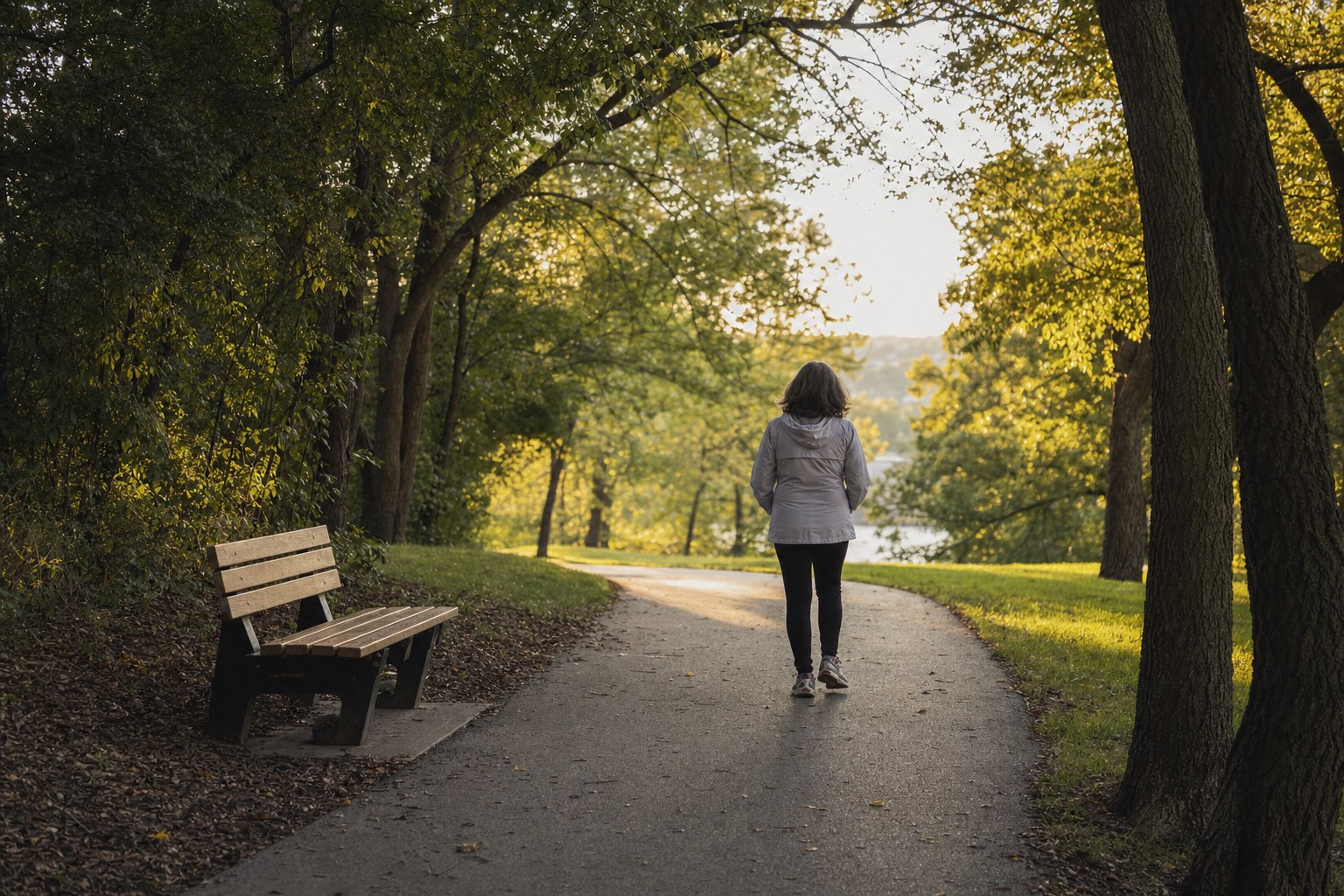 Person taking a quiet walk on a tree-lined path
