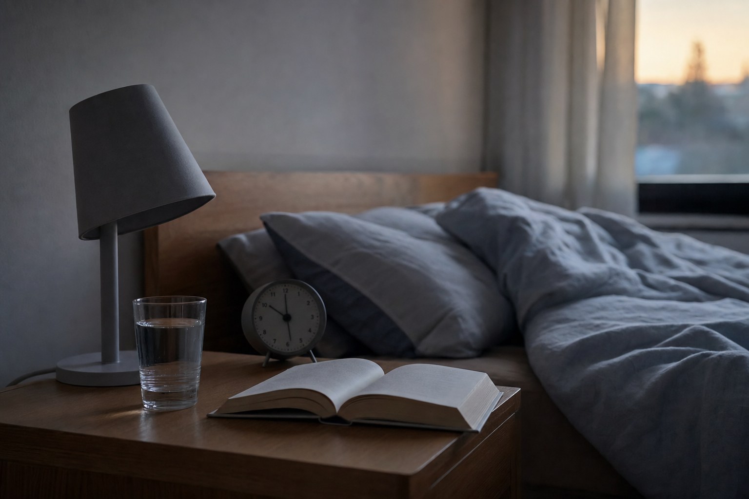 Bedside table with a glass of water, clock, and open book at dawn