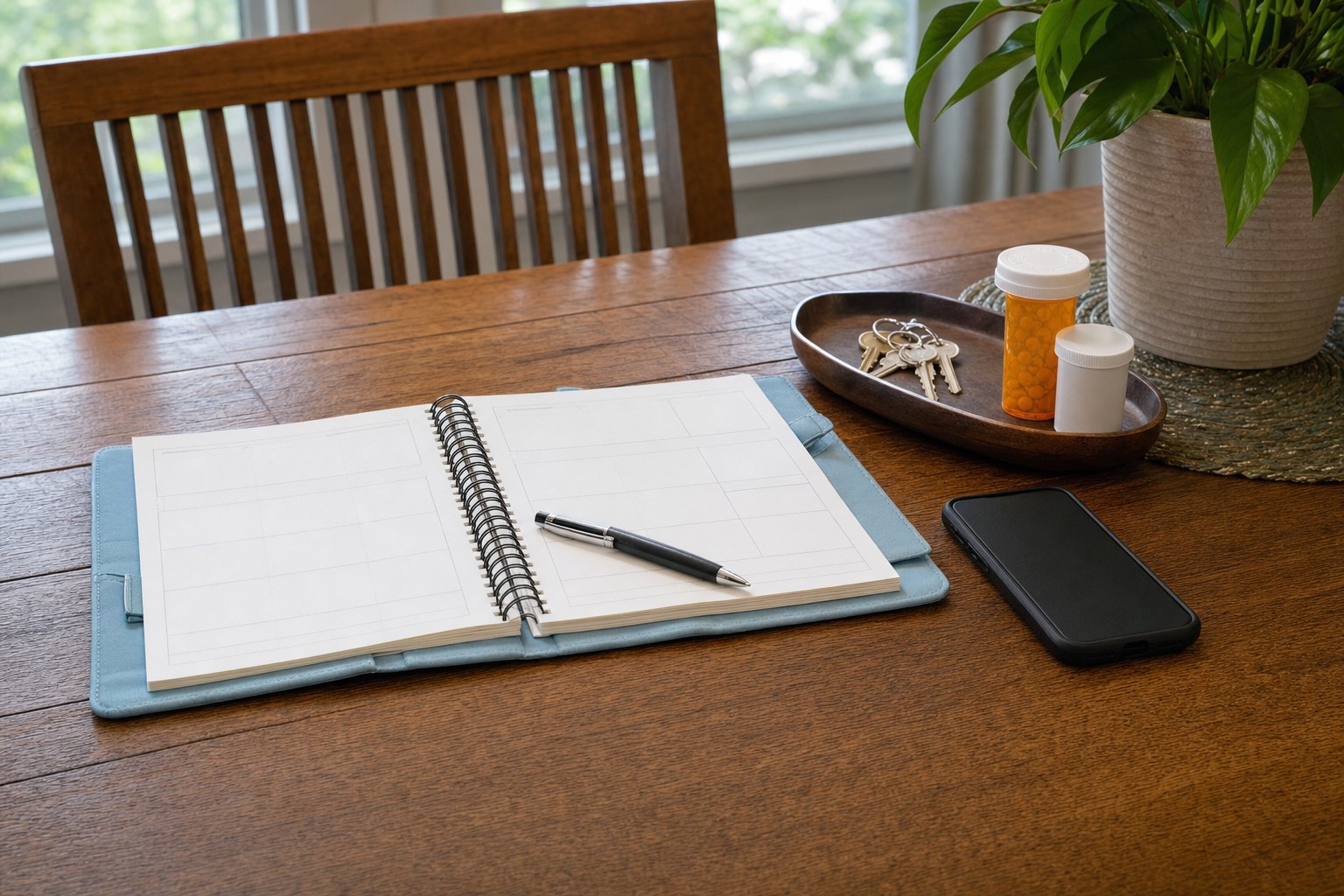Planner and household essentials arranged for coordinating family care