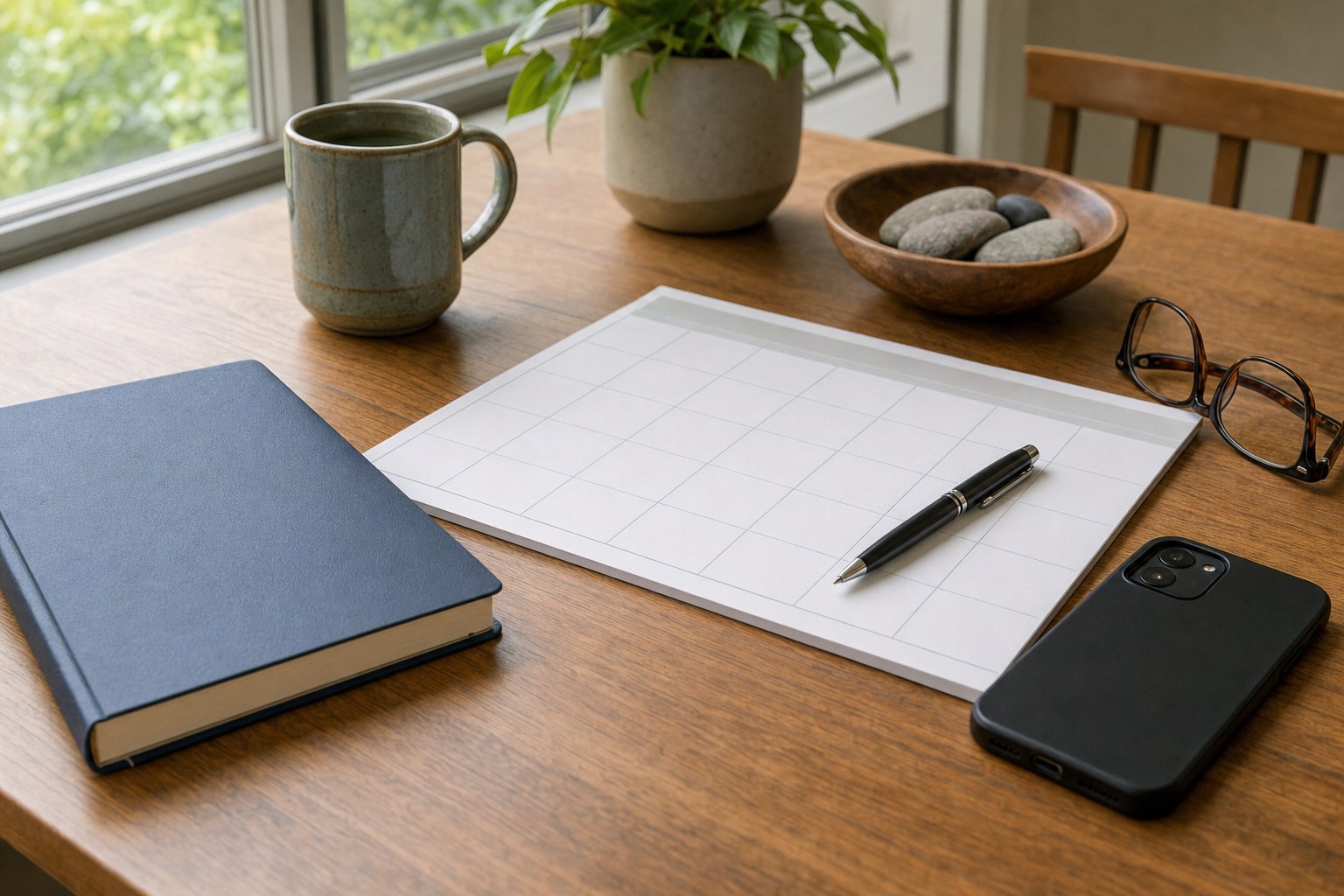 Home care planning materials arranged on a wooden table