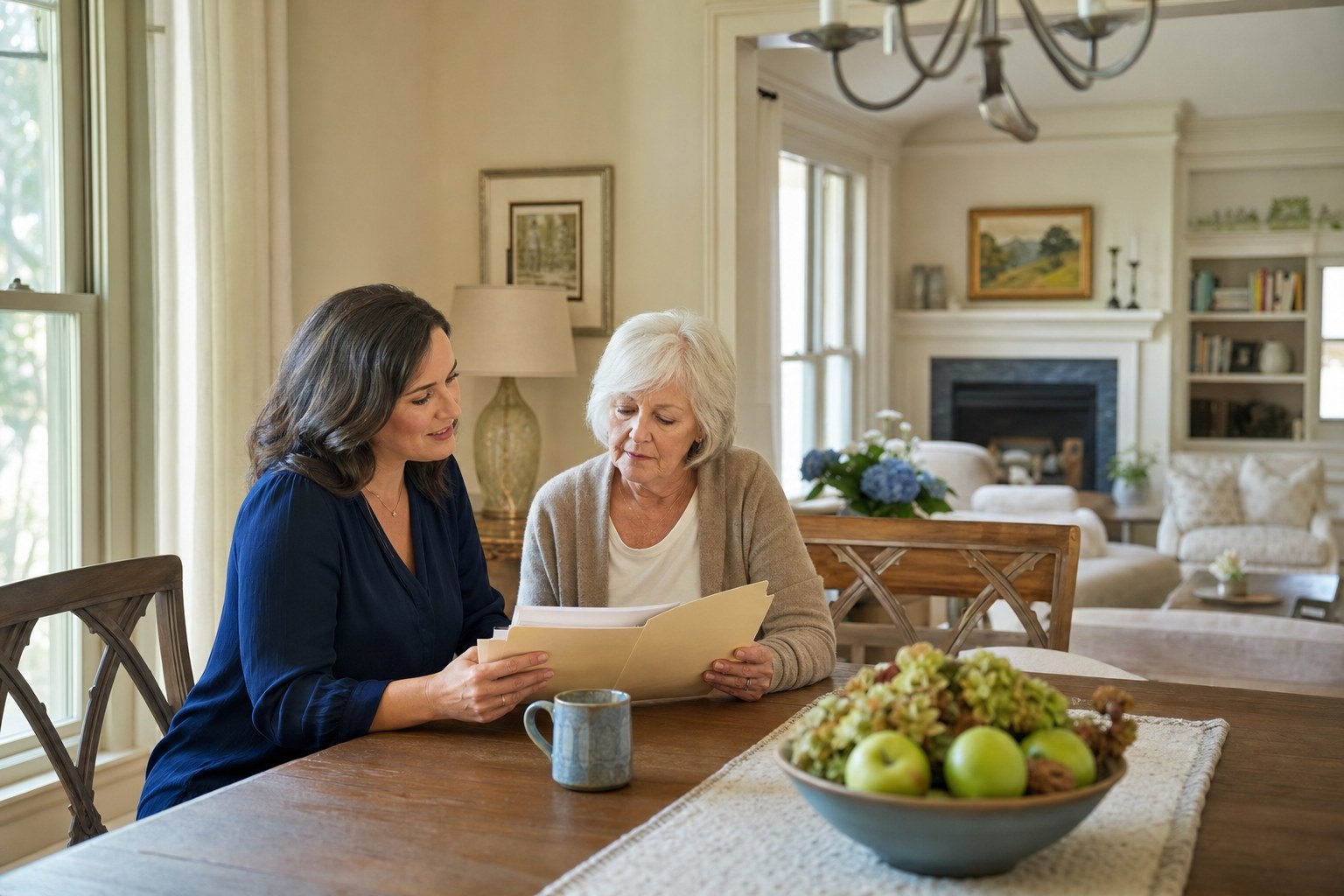 Adult daughter and older mother reviewing care plans together at home