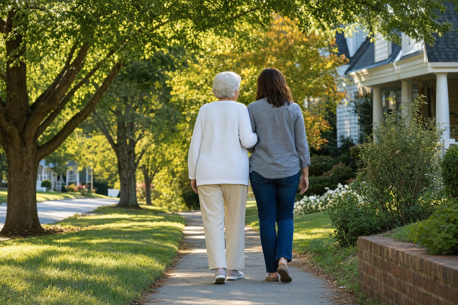Older adult and family member walking together in a quiet neighborhood