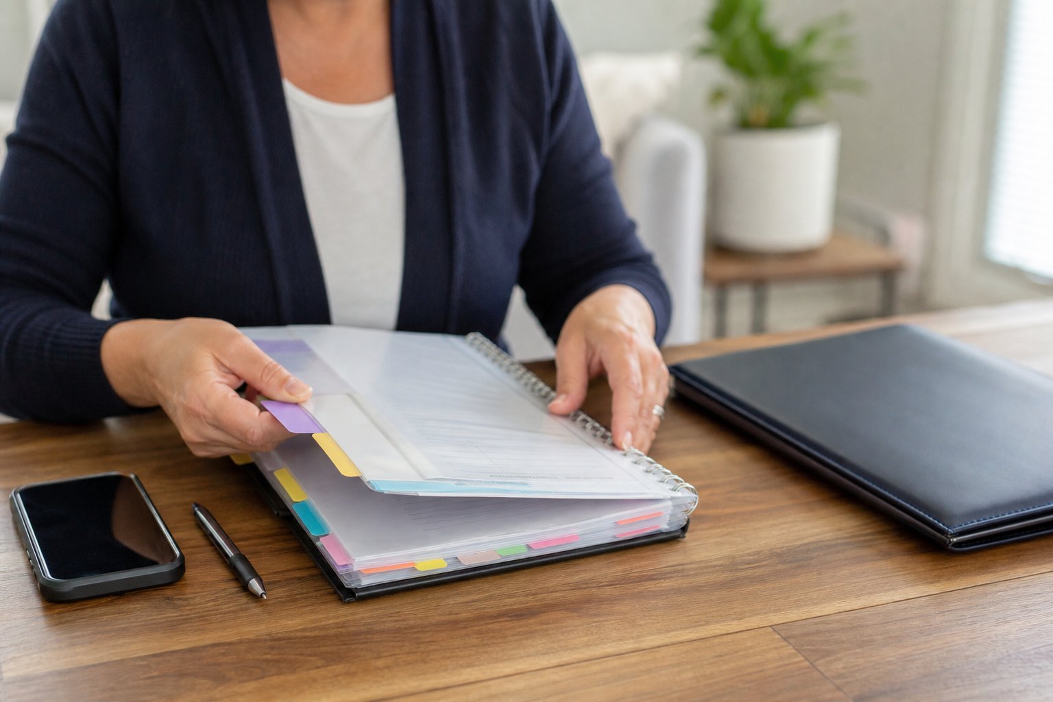 Family caregiver organizing a home care notebook