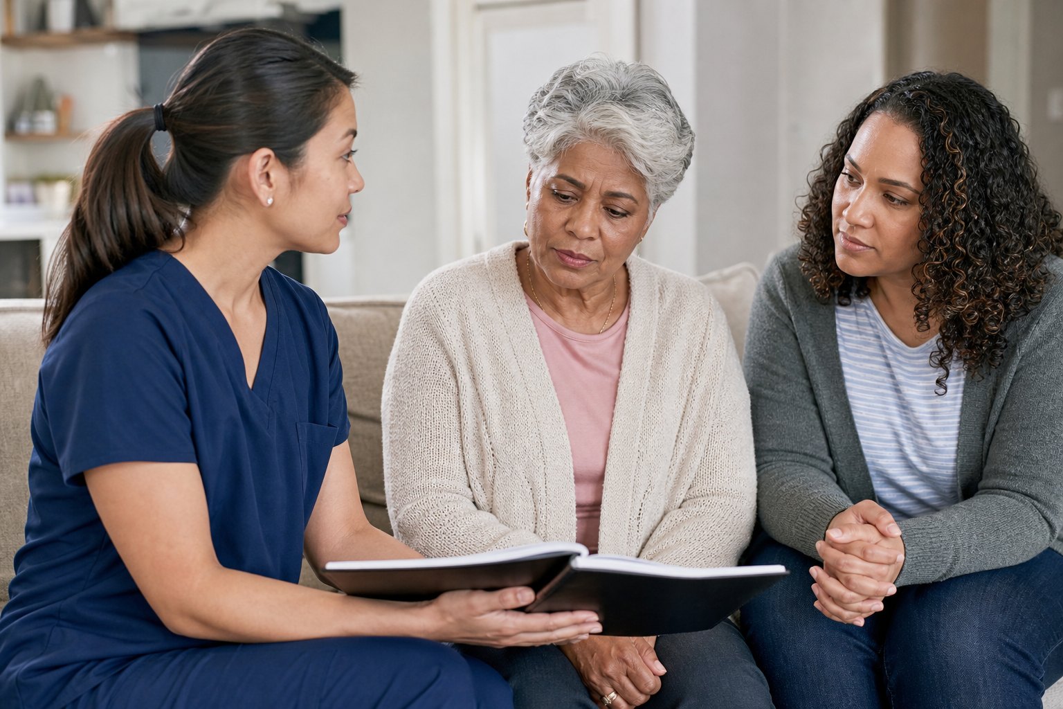 Nurse discussing a care notebook with an older woman and family member at home