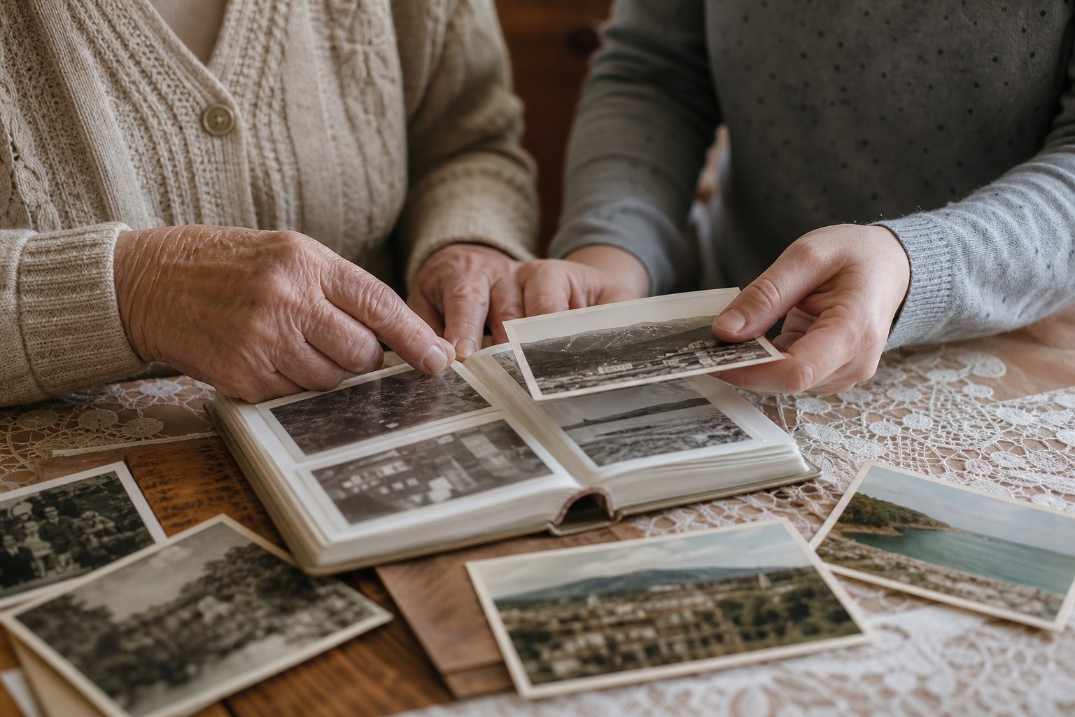 Family hands looking through familiar photographs and postcards together