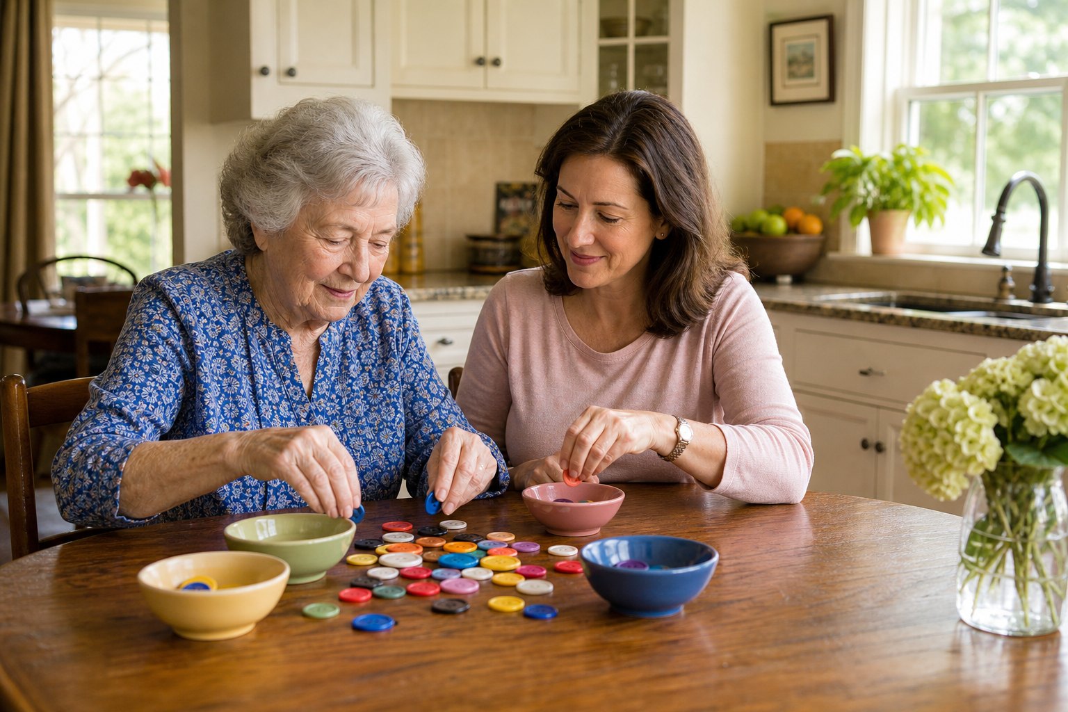 Older woman and adult daughter sorting buttons together at a kitchen table