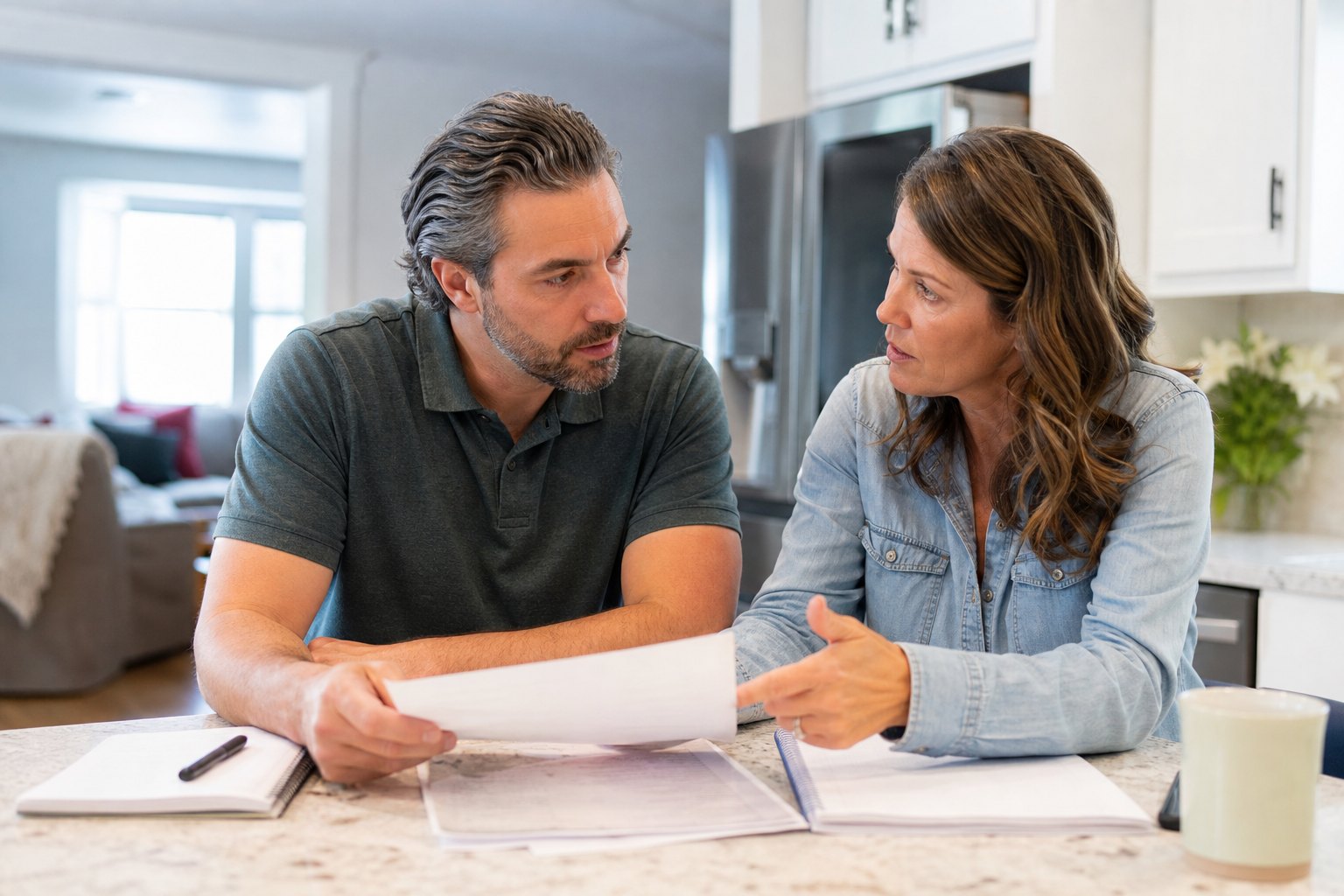 Two adult family members comparing questions for a home care conversation