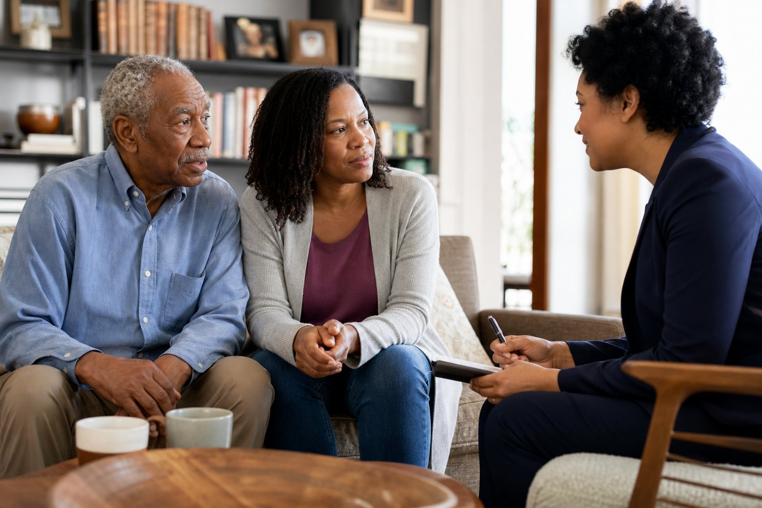 Older man and adult daughter speaking with a care professional in their living room