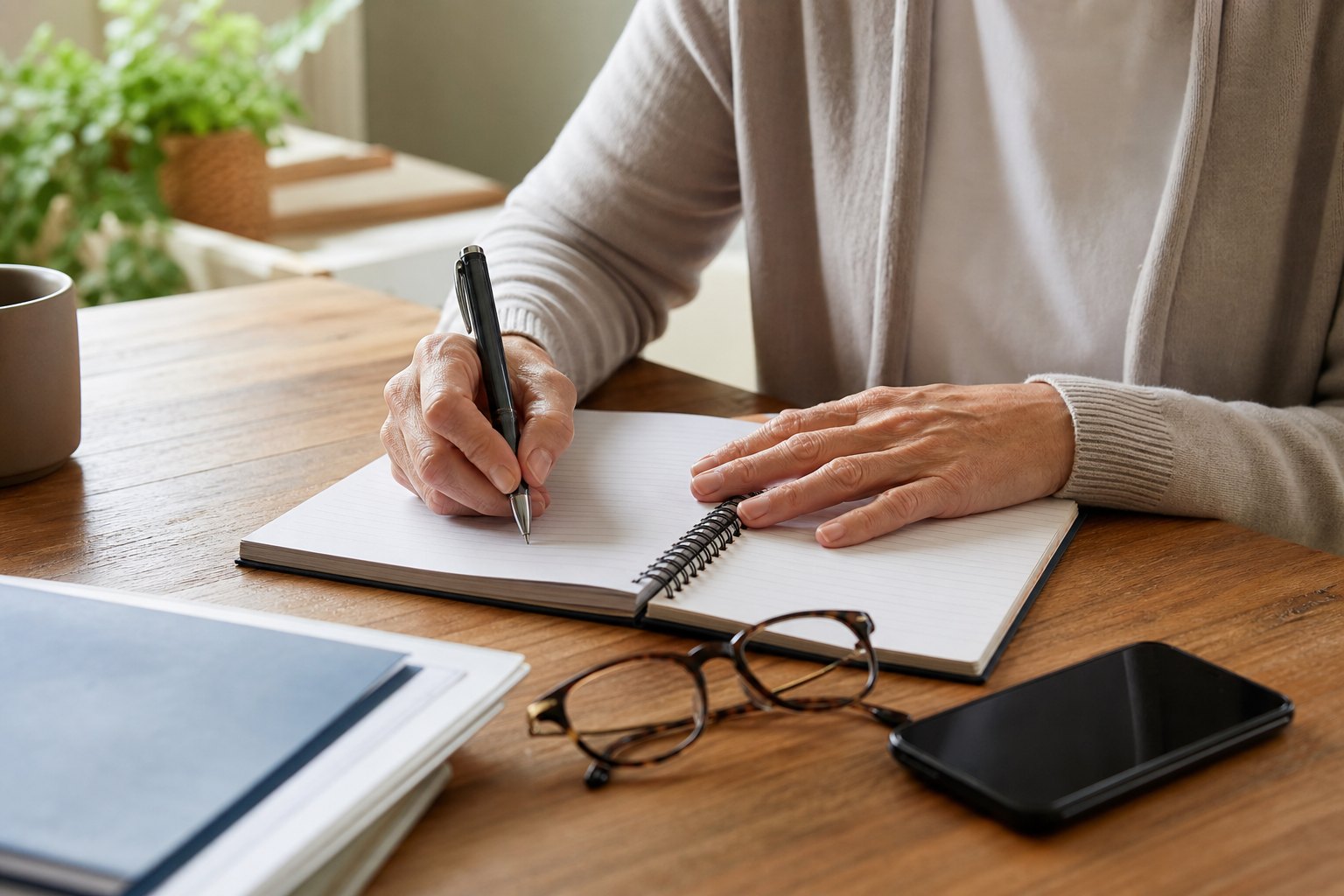 Family caregiver writing practical schedule notes at home