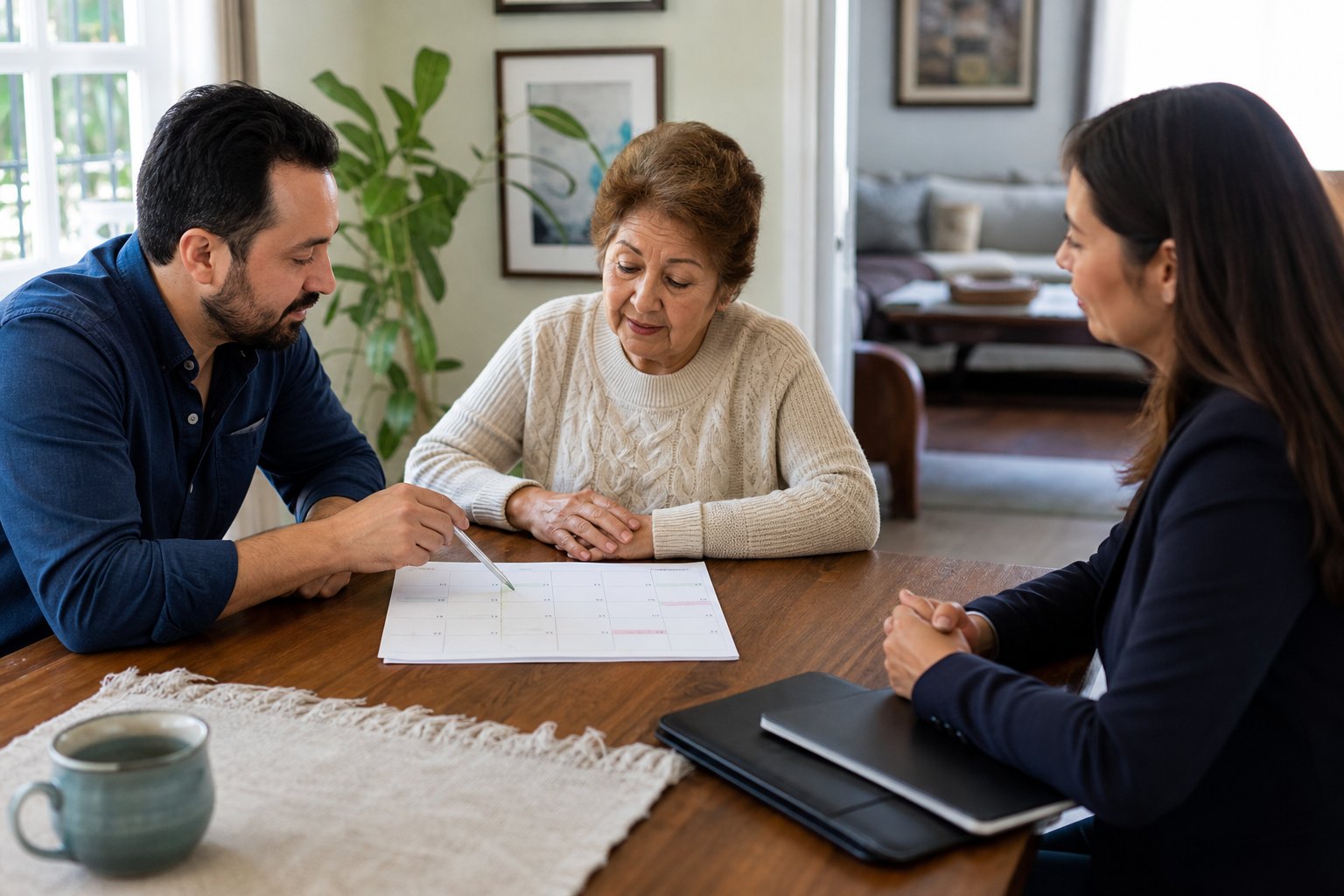 Family members reviewing a weekly calendar with a care coordinator