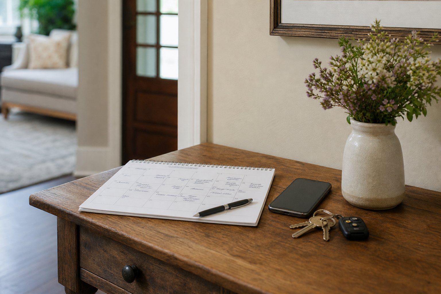 Home calendar and family essentials arranged on an entry table