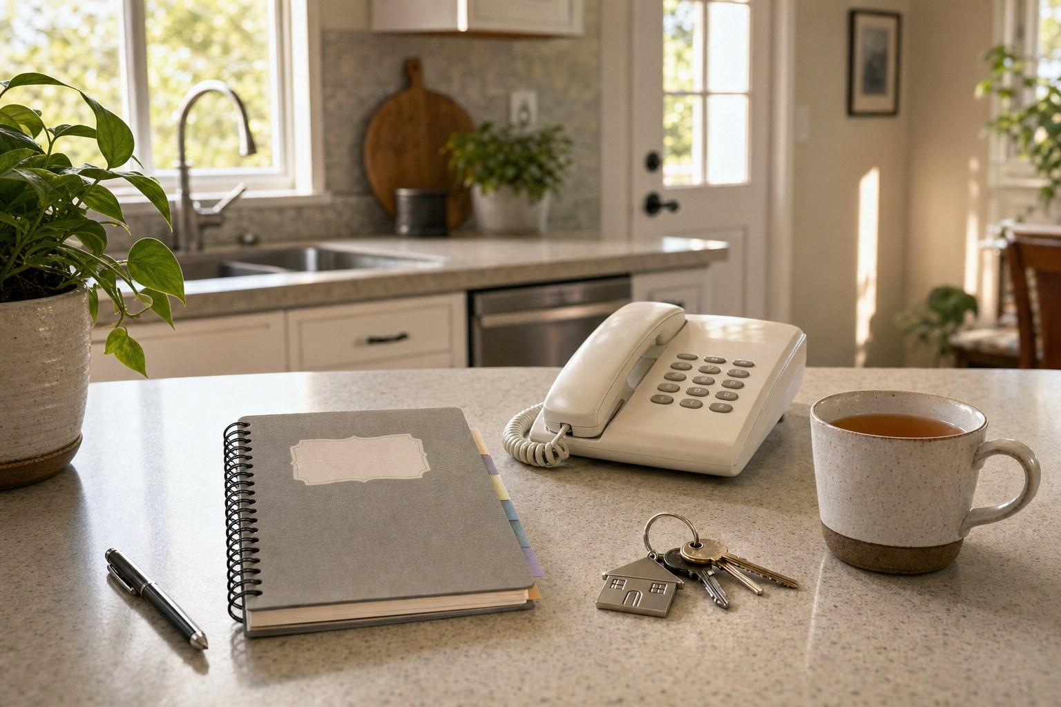 Home phone, notebook, tea, and house keys prepared for a family backup plan