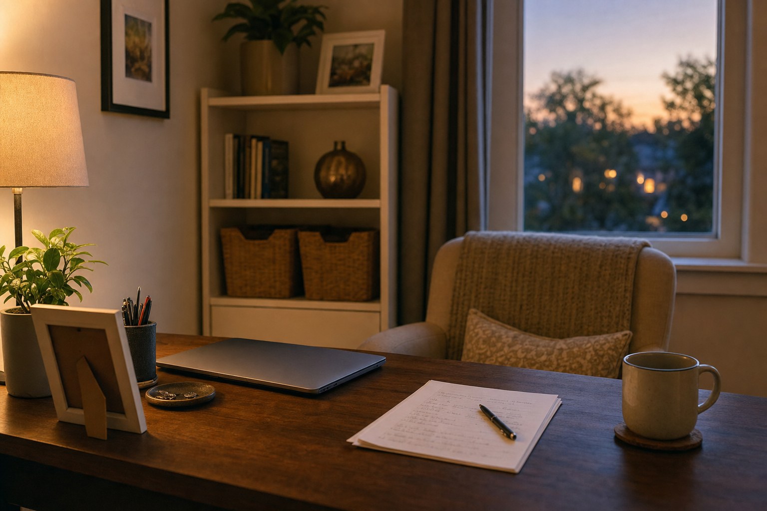 Quiet home office with a closed laptop, family photo frame, and notebook at the end of the day