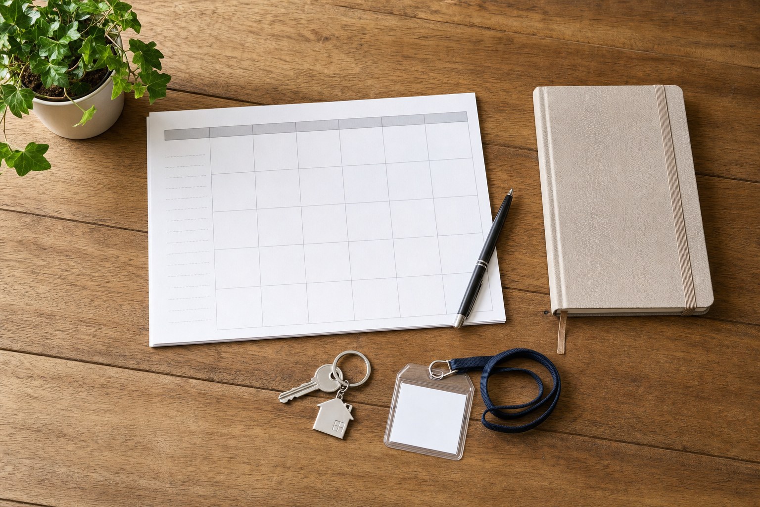 Weekly planning calendar, notebook, house keys, and work badge arranged on a table