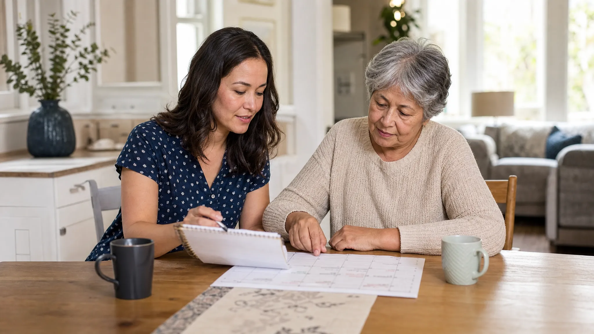 Adult daughter and older mother reviewing a weekly care plan at the kitchen table