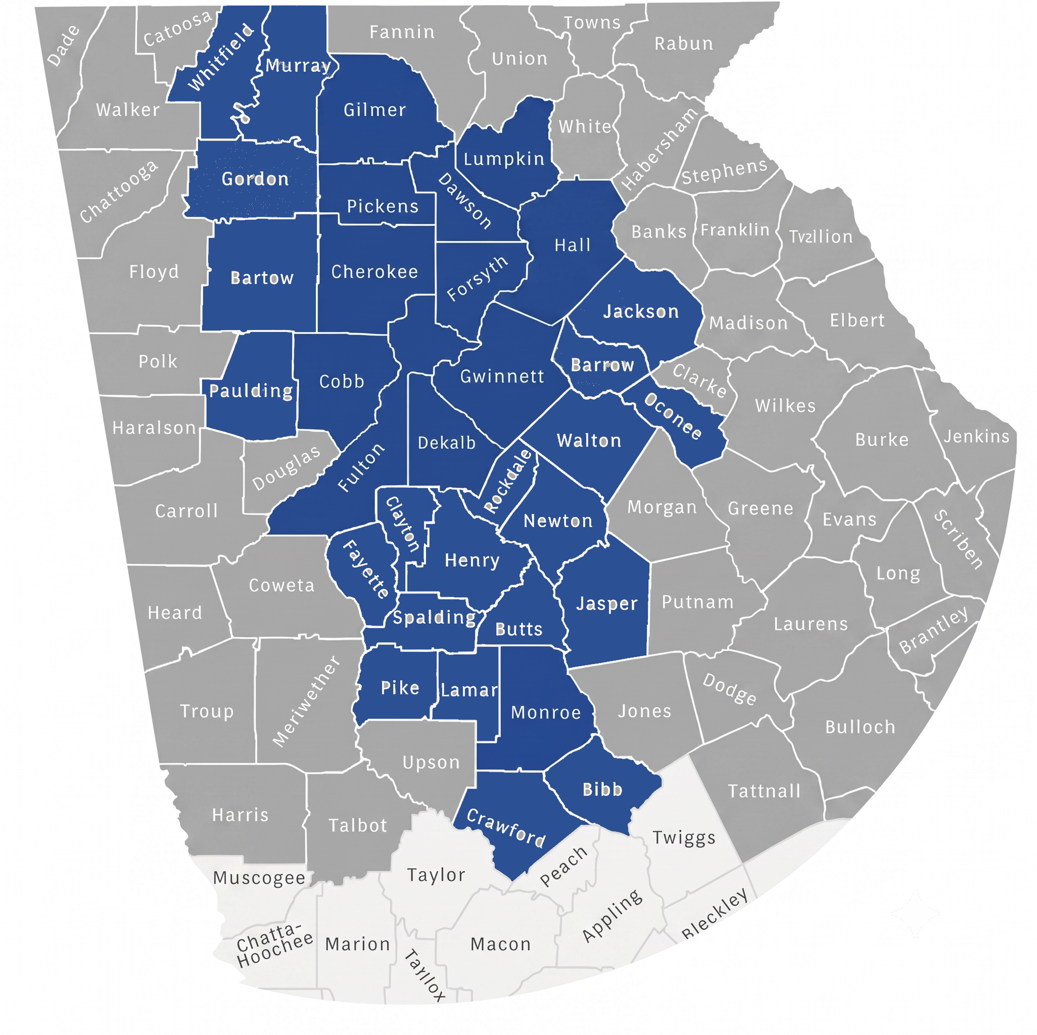 Map highlighting OPA Home Care's core North Georgia service counties and Monroe County