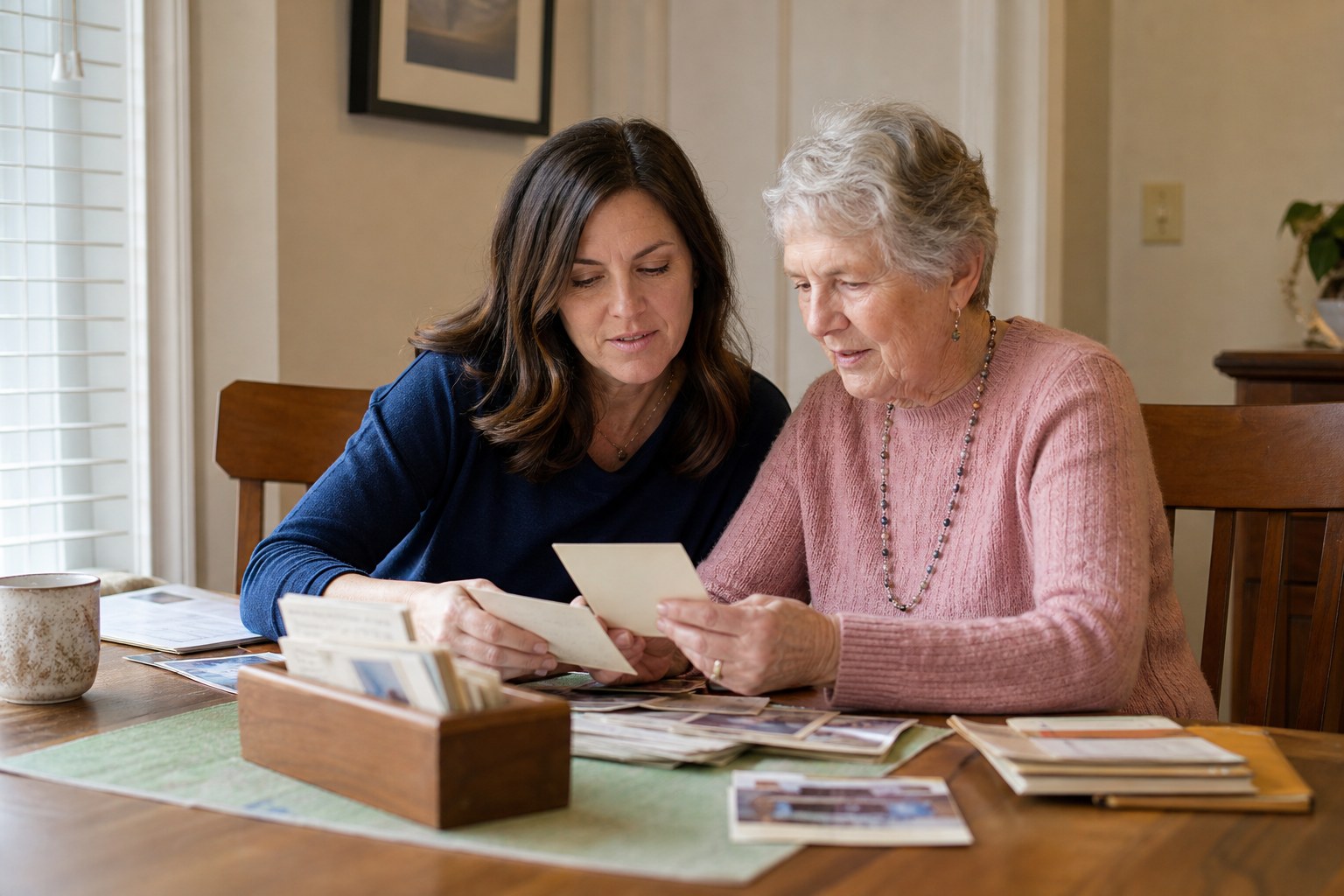 Adult daughter and her mother looking through family photos at home